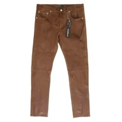 Brown Leather Solid Five Pocket Pants